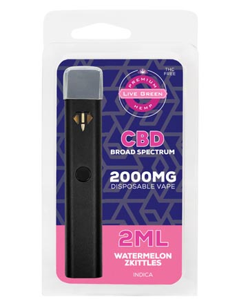 CBD Broad Spectrum Disposable Vape - Indica - Watermelon Zkittles 2ml 2000mg | Live Green Hemp